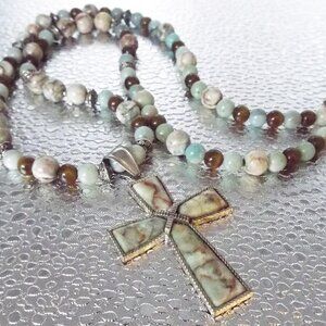 ARTISAN ROCK BUTTE AND RAINFOREST JASPER BEADED CROSS PENDANT NECKLACE 55